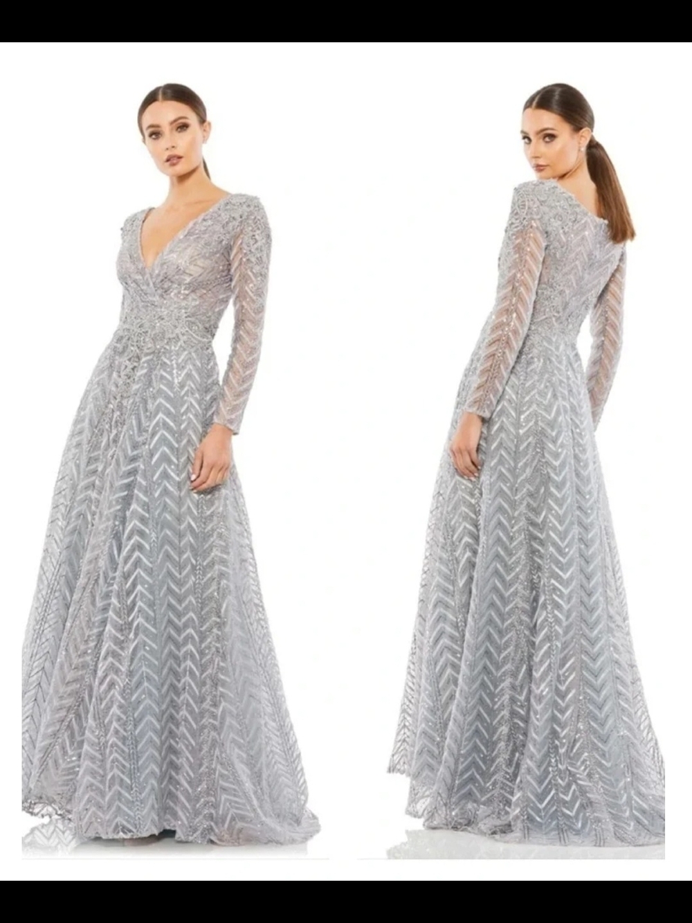 Mac Duggal Silver Sequin V-Neck Long Sleeve Maxi Gown